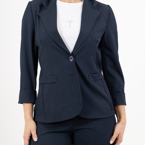 modella indossando Giacca avvitata rigata spinata blu colore Blu