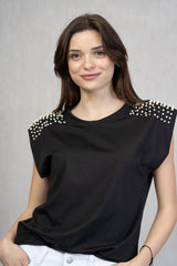 Maglia in viscosa con perle sulle spalle