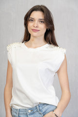 Maglia in viscosa con perle sulle spalle