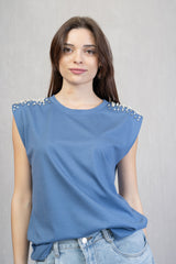 Maglia in viscosa con perle sulle spalle