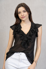 Rouches Mood – Blusa in georgette con bottoncini tono su tono