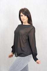 Blusa in georgette con pieghe frontali – Nera