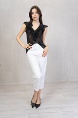 Rouches Mood – Blusa in georgette con bottoncini tono su tono