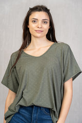 Maglia in viscosa con scollo a V e strass