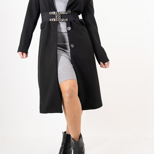 modella indossando Abito midi in maglia a collo alto in viscosa elasticizzata colore Grigio Unica