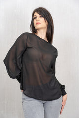 Blusa in georgette con pieghe frontali – Nera
