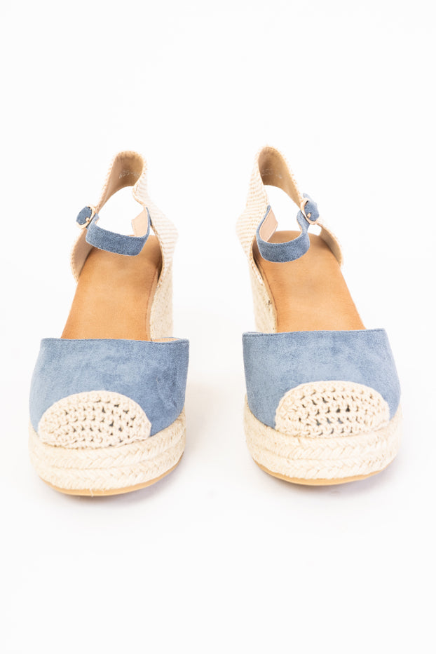 Zeppe blu jeans in canvas con cinturino e fondo in corda intrecciata