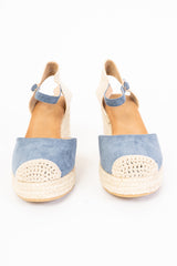 Zeppe blu jeans in canvas con cinturino e fondo in corda intrecciata