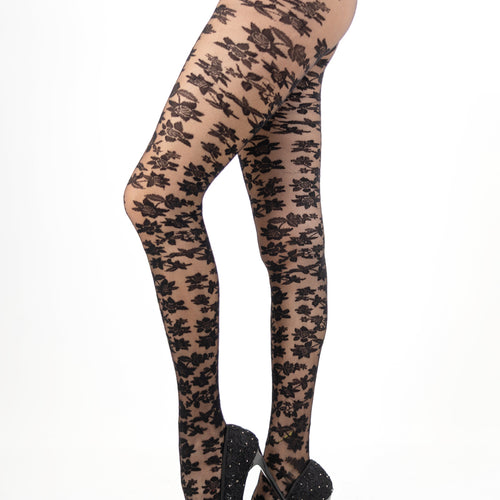 modella indossando Collant fashion 20 den fantasia floreale senza cuciture colore Nero Unica