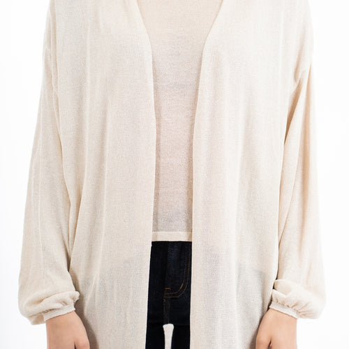 modella indossando Cardigan aperto in filato lurex leggero manica lunga colore CHAMPAGNE Unica