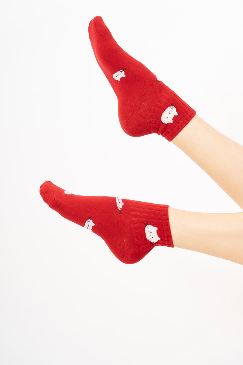 modella indossando Calzini donna fantasia micetti in cotone colore Rosso Unica
