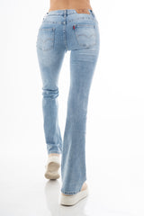 Jeans donna vita bassa a zampa in denim leggero elasticizzato