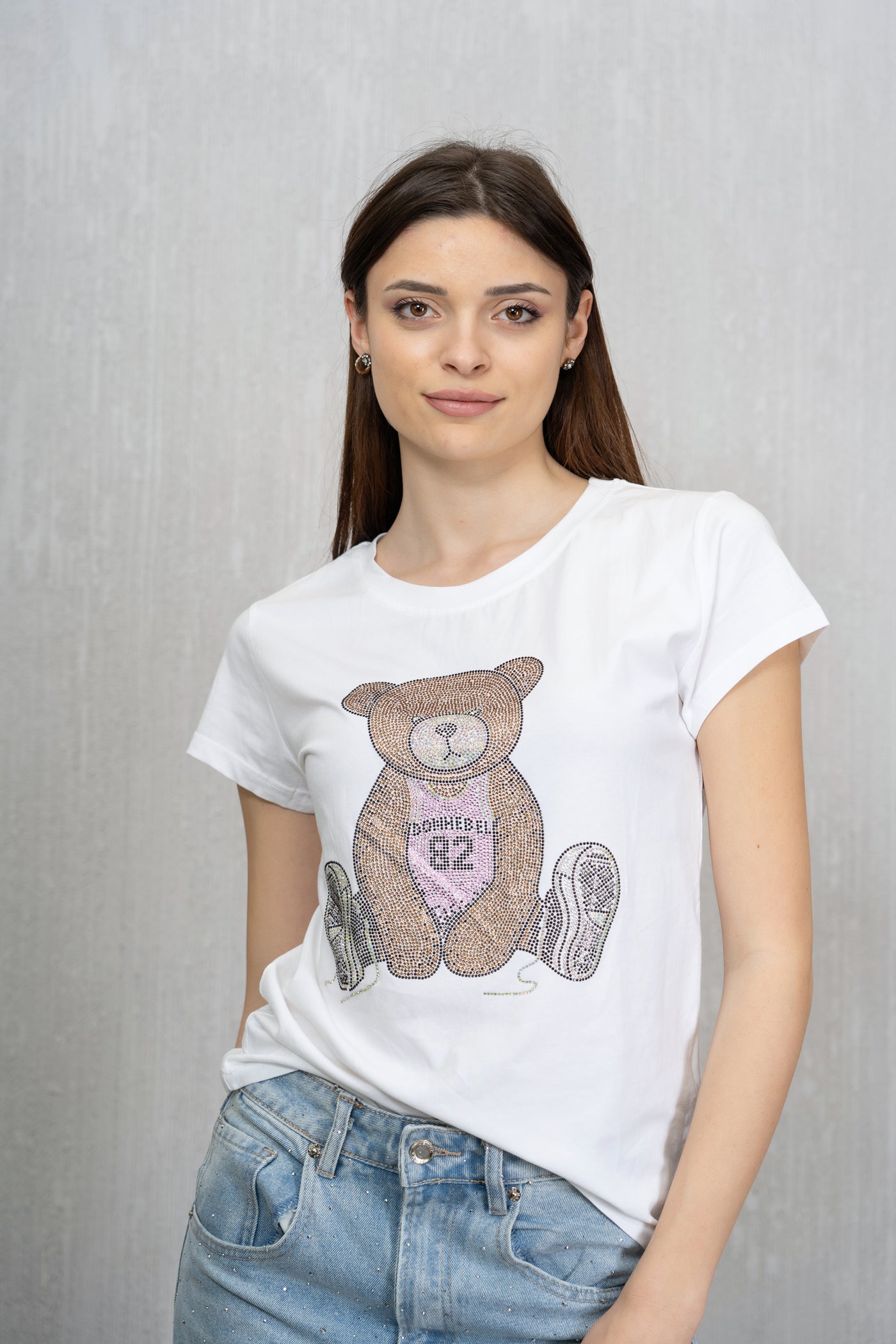 T-shirt Bianca Cotone Elasticizzato con Stampa Orsetto e Brillantini