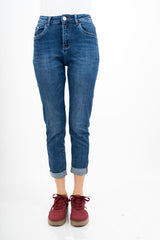 Jeans mom fit a vita alta lavaggio medio elasticizzato