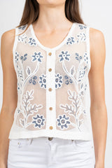 Gilet rete ricamata a fiori.