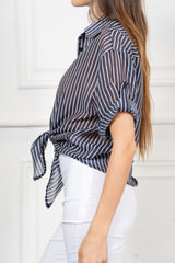 Camicia rigata in lyocell leggera con manica risvoltata