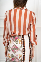 Camicia Collo Coreana in Tencel a Righe Multicolor