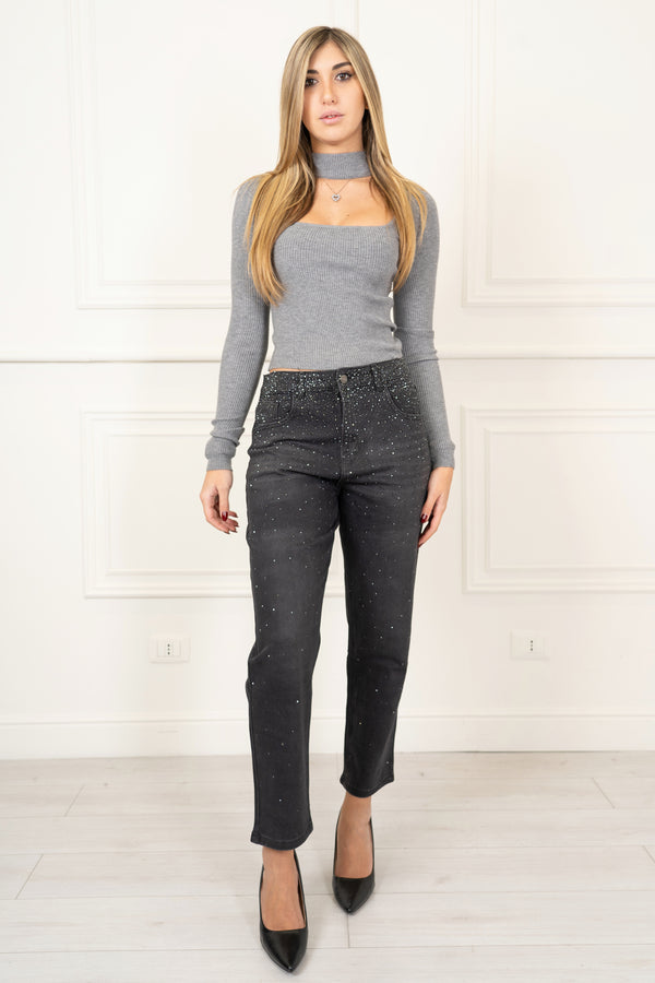 Jeans wide leg  pioggia strass grigio scuro