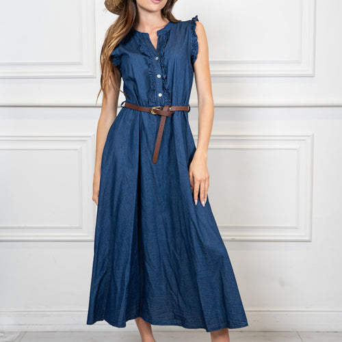 modella indossando Abito lungo in chambray con rouche e cintura colore Denim Scuro Unica