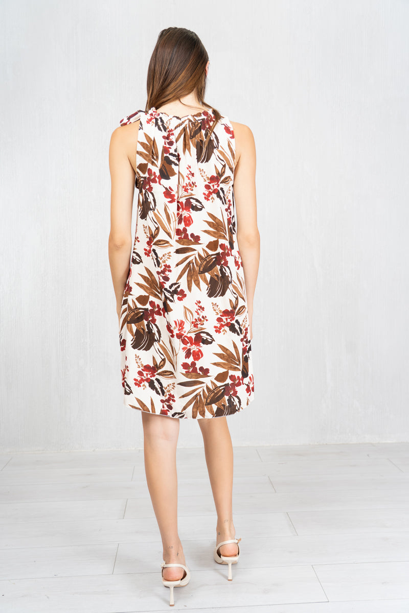 Abito Tropic Rust smanicato con fiocco al collo