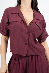 Camicia corta con tasche in viscosa EasyWave con manica a pipistrello e bottoni effetto legno