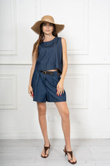 Top gessato in cotone chambray