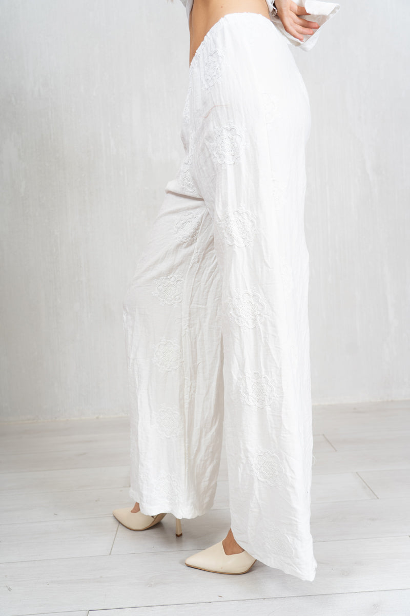 Pantalone ricamato in lino e viscosa