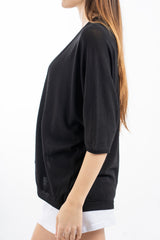 modella indossando Cardigan leggero in maglia con manica pipistrello e linea morbida colore