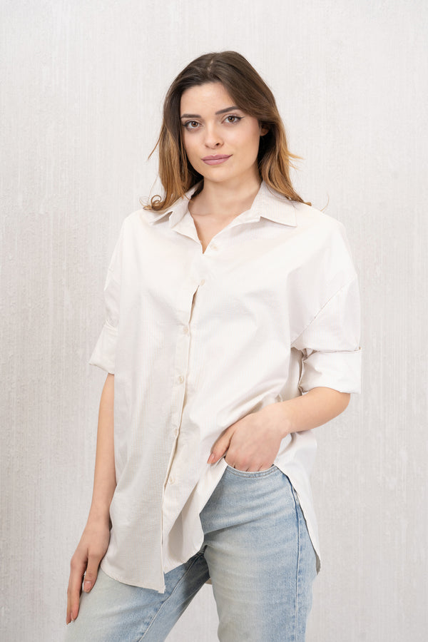 Camicia Over a Righe Laminata Beige