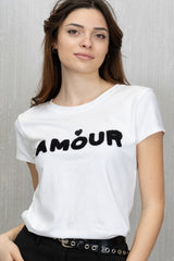 T-shirt elasticizzata con scritta Nera "AMOUR" effetto spugna