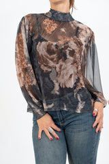 Blusa Sheer Bloom con Fiocco al Collo