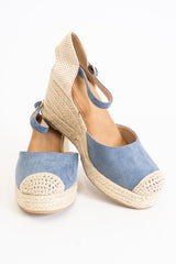 Zeppe blu jeans in canvas con cinturino e fondo in corda intrecciata