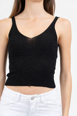 Top scollo V in maglia lurex a costine.