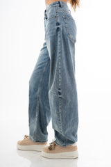 Jeans baggy balloon leg vita alta in denim lavaggio chiaro con tagli al ginocchio