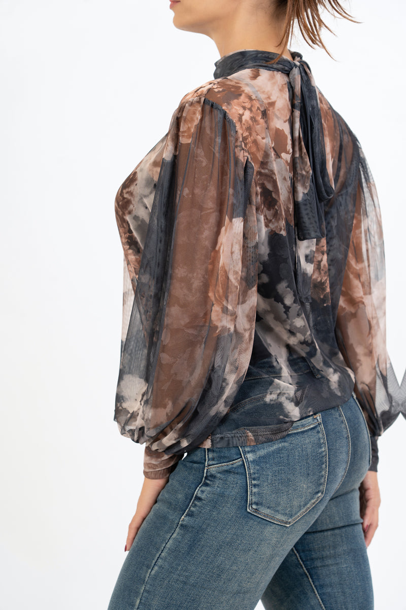 Blusa Sheer Bloom con Fiocco al Collo