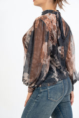 Blusa Sheer Bloom con Fiocco al Collo