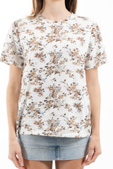 modella indossando T-shirt in cotone elasticizzato con stampa floreale e vestibilità morbida colore PANNA Unica