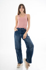 Jeans wide leg vita alta con tagli frontali in denim elasticizzato