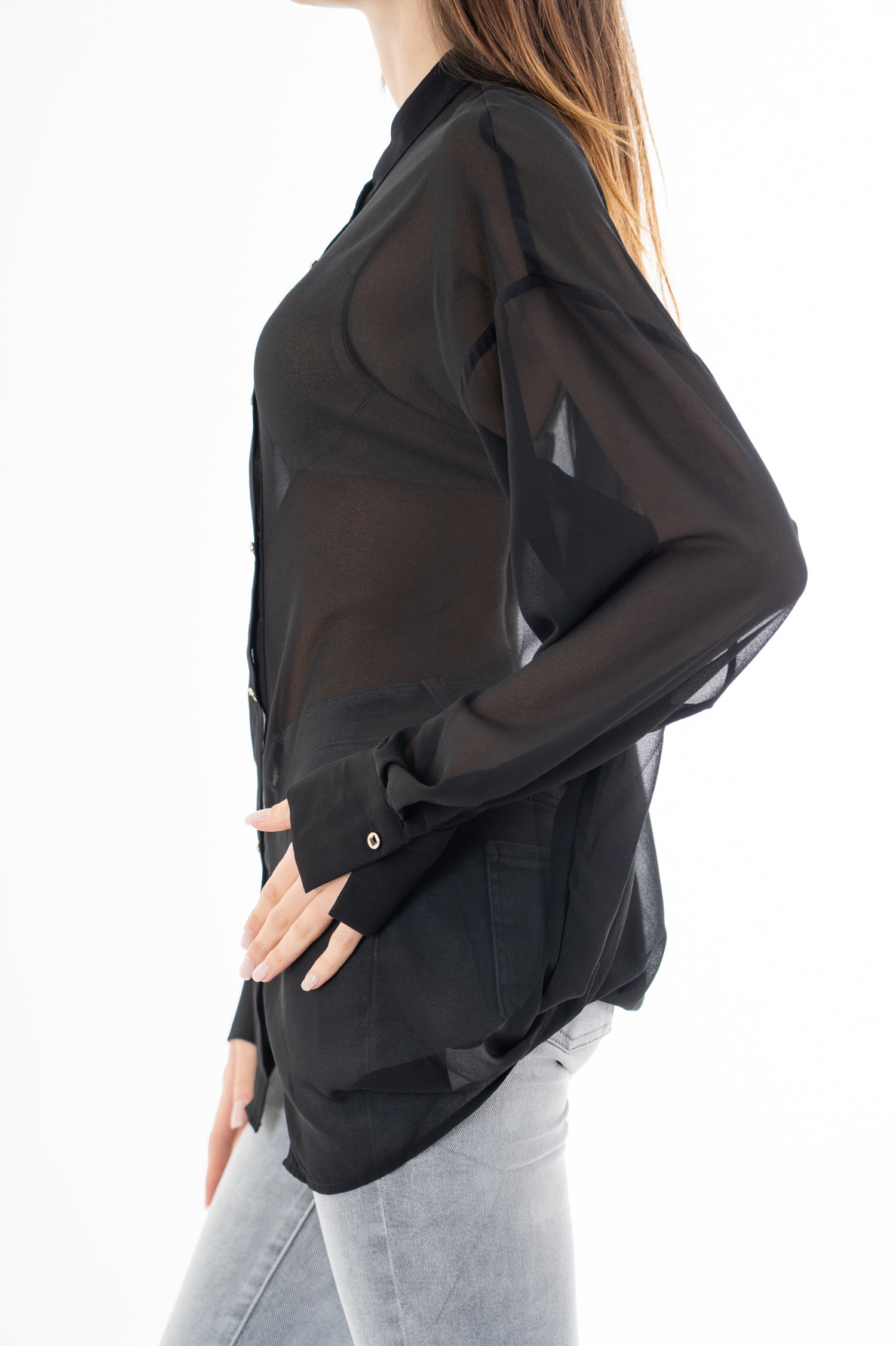 Camicia lunga in georgette velata con scollatura incrociata sul retro