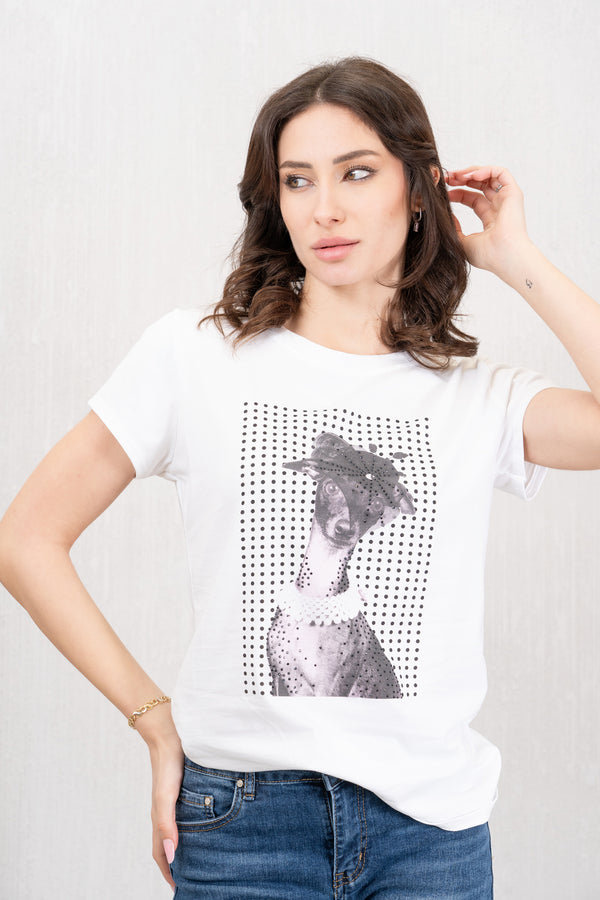 T-shirt Chic Dog in cotone elasticizzato con stampa a punti e strass