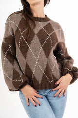 modella indossando Maglione fantasia SoftArgyle in misto lana colore Fango Unica