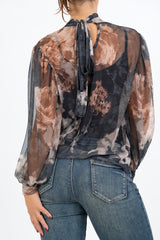 Blusa Sheer Bloom con Fiocco al Collo