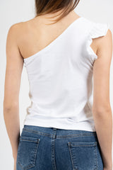 Top monospalla in cotone elasticizzato con rouge.