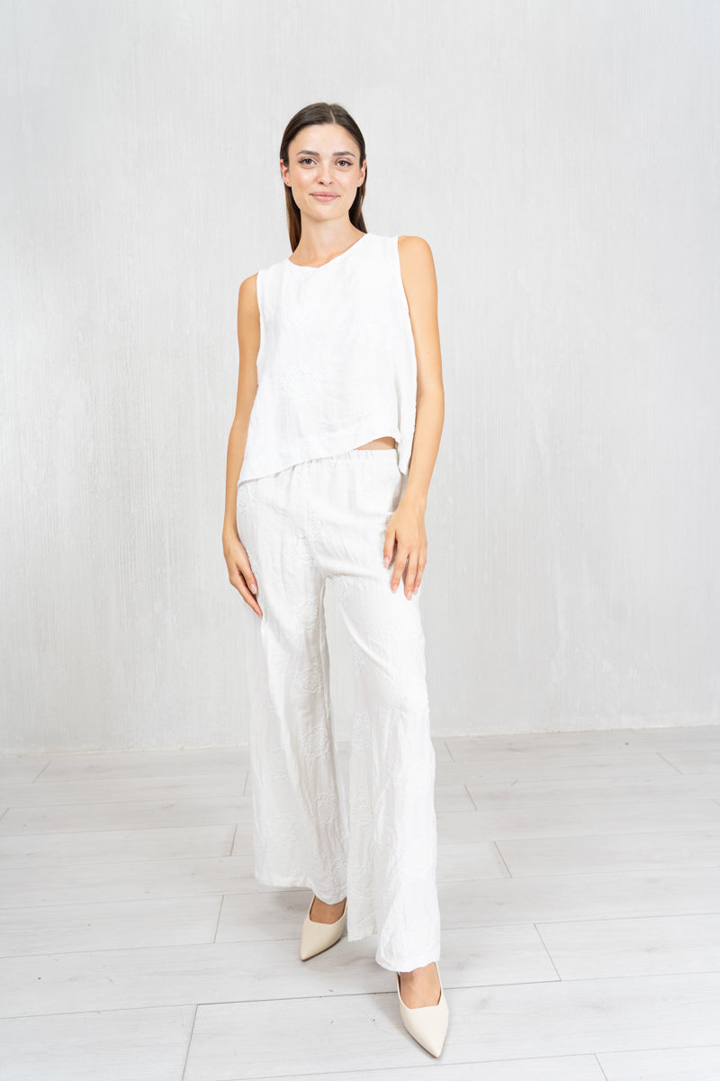 Pantalone ricamato in lino e viscosa