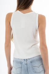 modella indossando Top canotta in microcostina di viscosa elasticizzata con strass degradé colore