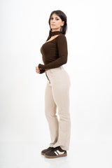 Pantalone a Coste a Zampa in Cotone – Beige