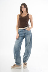 Jeans baggy balloon leg vita alta in denim lavaggio chiaro con tagli al ginocchio