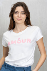 T-shirt elasticizzata con scritta Rosa "AMOUR" effetto spugna