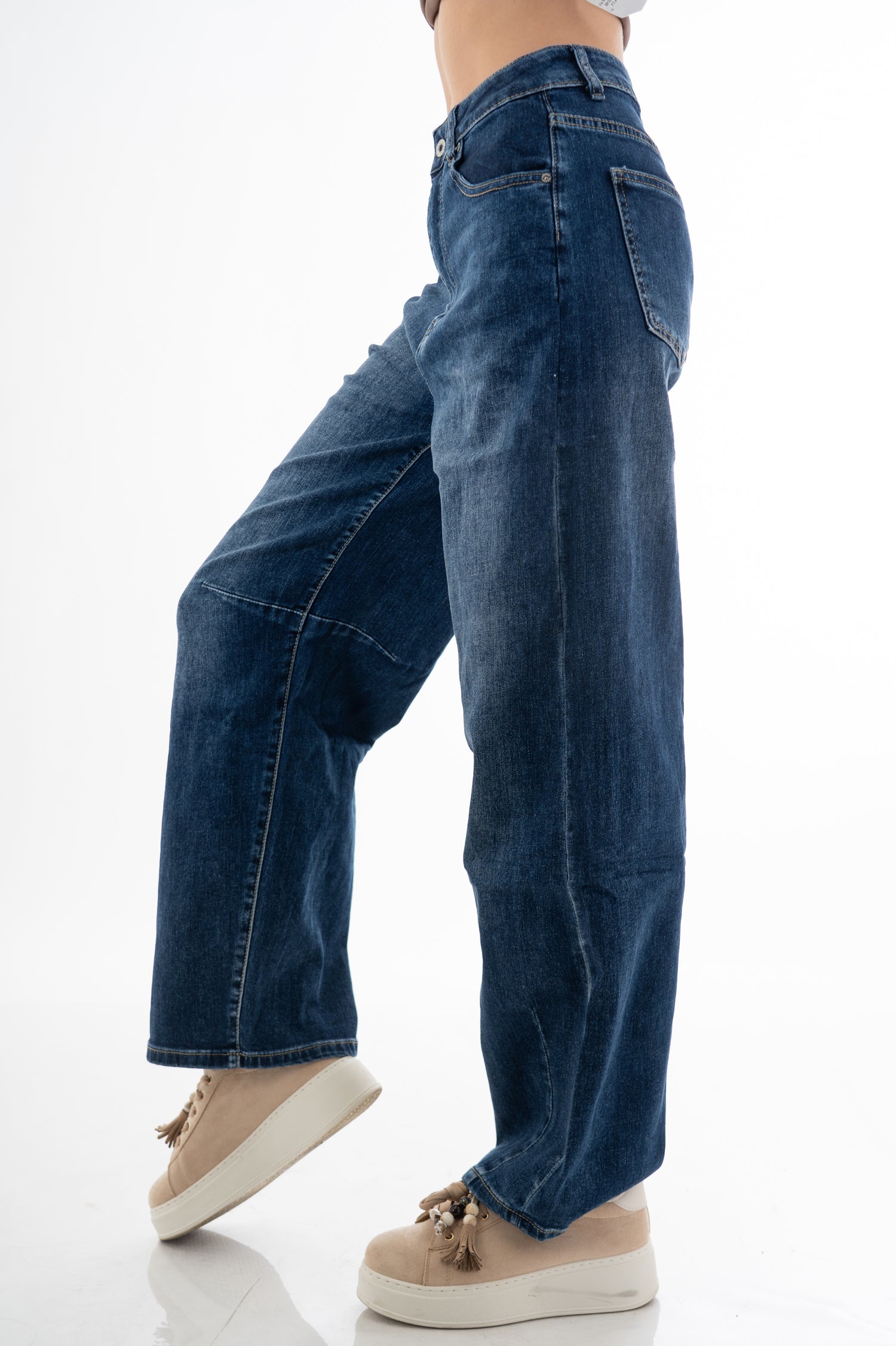 Jeans wide leg vita alta con tagli frontali in denim elasticizzato