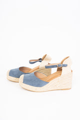 Zeppe blu jeans in canvas con cinturino e fondo in corda intrecciata